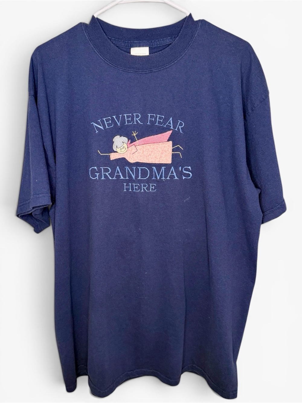 Vintage Never Fear Grandma’s Here Embroidered T-Shirt XL Navy 100% Cotton